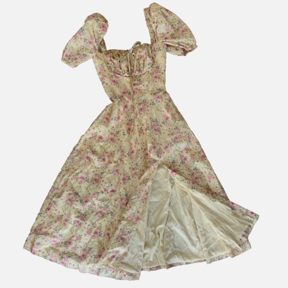 House of CB Tallulah Puff Shoulders Midi Dress Lemon Floral XS